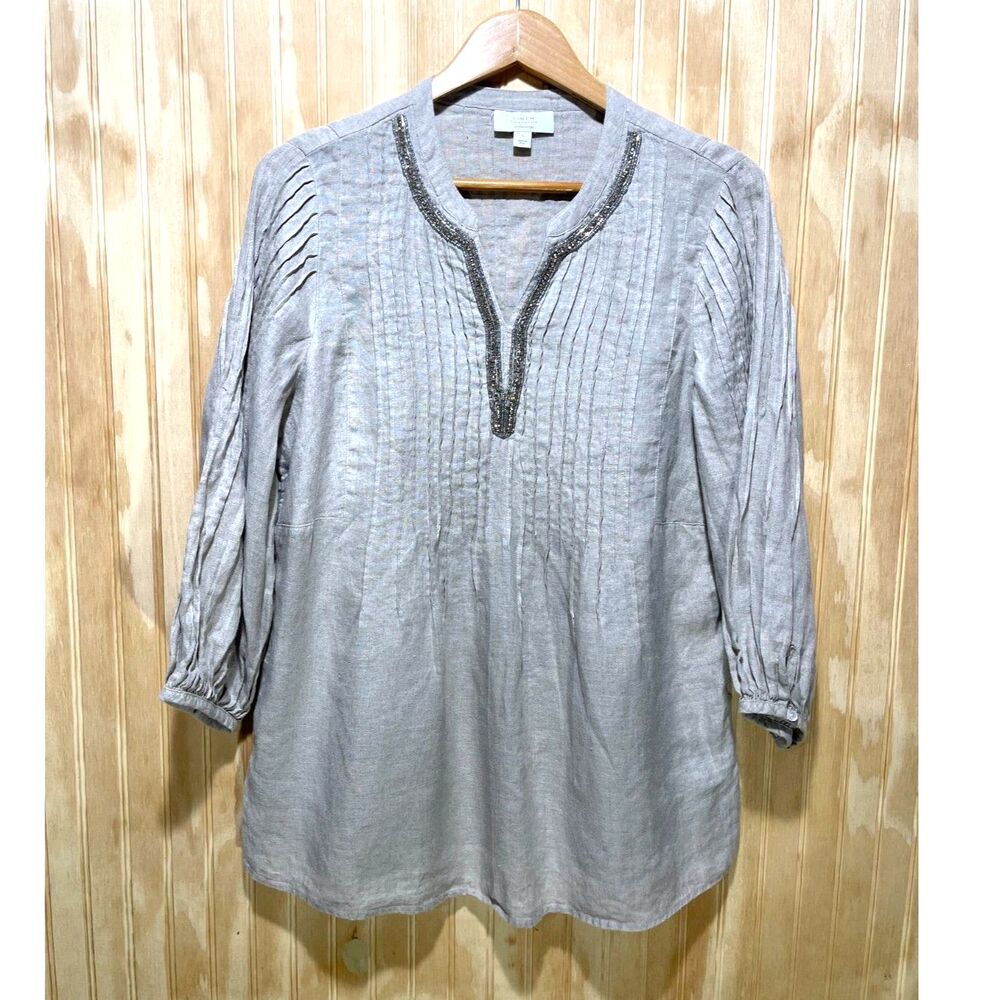Charter Club linen shirt beaded top vacation resort wear neutral casual women L